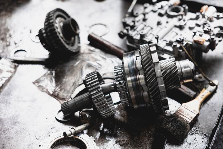 A disassembled transmission of a vehicle.